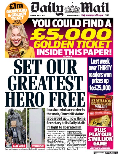Daily Mail Newspaper Front Page for 13 June 2020