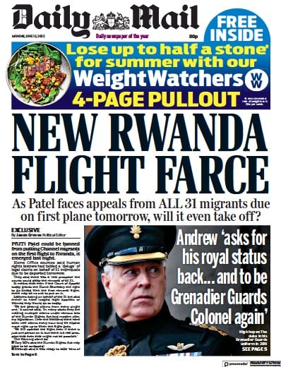 Daily Mail (UK) Newspaper Front Page for 13 June 2022
