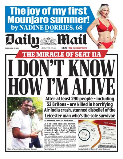 Daily Mail (UK) Newspaper Front Page for 13 June 2025