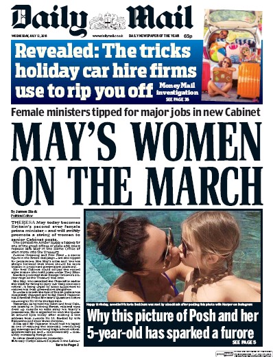Daily Mail Newspaper Front Page for 13 July 2016