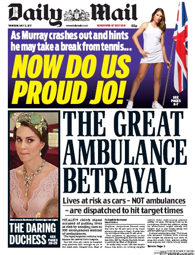 Daily Mail Newspaper Front Page for 13 July 2017