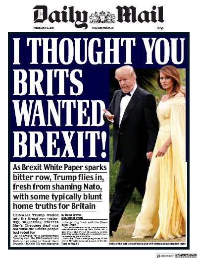 Daily Mail Newspaper Front Page for 13 July 2018