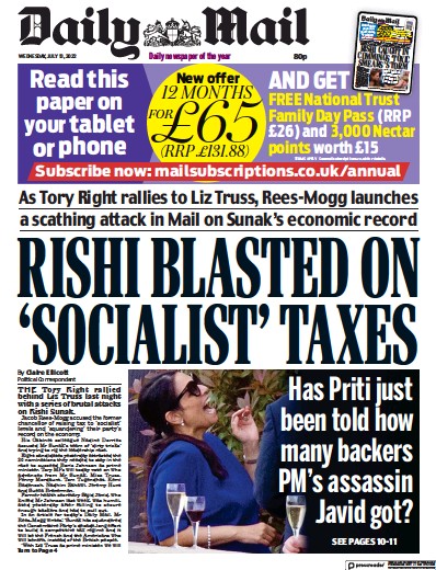 Daily Mail Newspaper Front Page for 13 July 2022