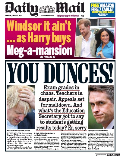 Daily Mail Newspaper Front Page for 13 August 2020