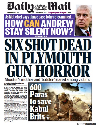 Daily Mail (UK) Newspaper Front Page for 13 August 2021