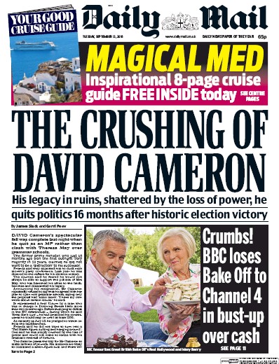 Daily Mail (UK) Newspaper Front Page for 13 September 2016