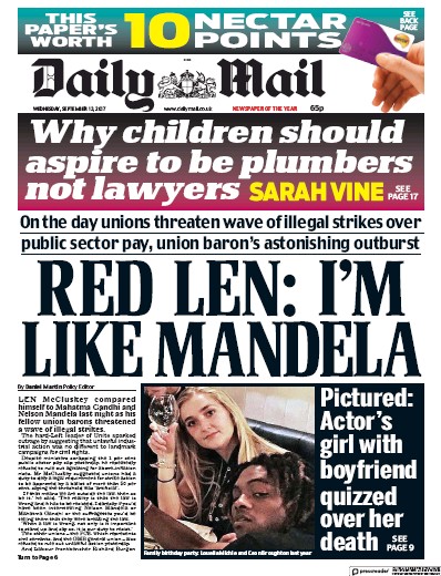 Daily Mail Newspaper Front Page for 13 September 2017
