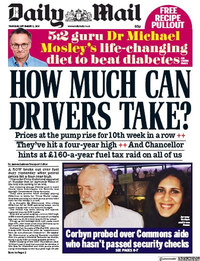 Daily Mail Newspaper Front Page for 13 September 2018