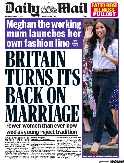 Daily Mail Newspaper Front Page for 13 September 2019