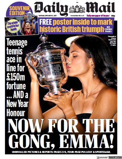 Daily Mail (UK) Newspaper Front Page for 13 September 2021