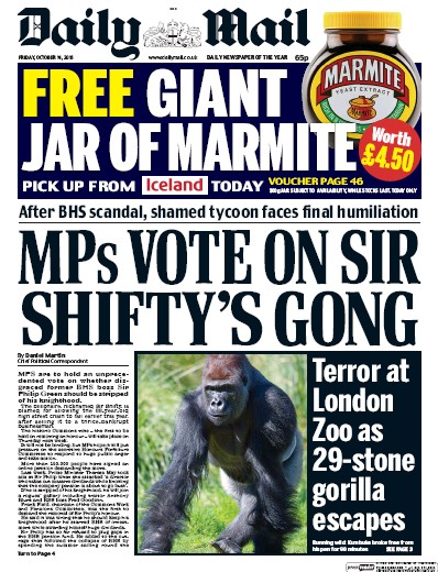 Daily Mail Newspaper Front Page for 14 October 2016