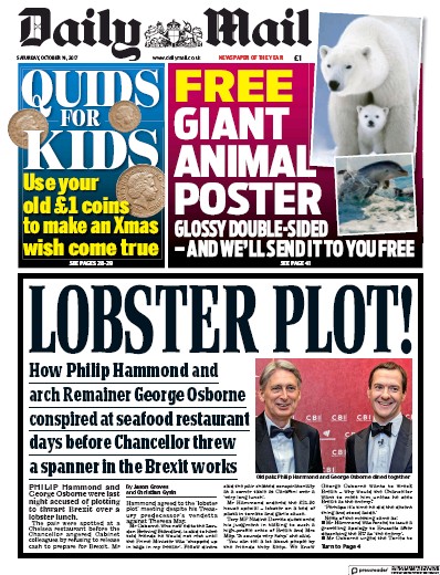 Daily Mail Newspaper Front Page for 14 October 2017