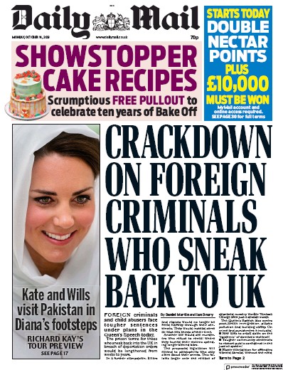 Daily Mail Newspaper Front Page for 14 October 2019