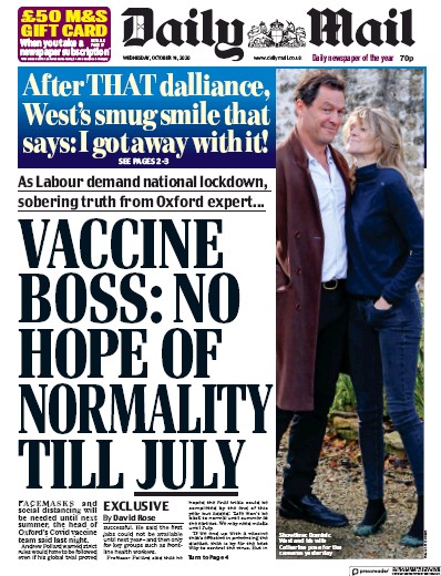 Daily Mail (UK) Newspaper Front Page for 14 October 2020