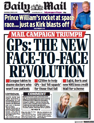 Daily Mail (UK) Newspaper Front Page for 14 October 2021