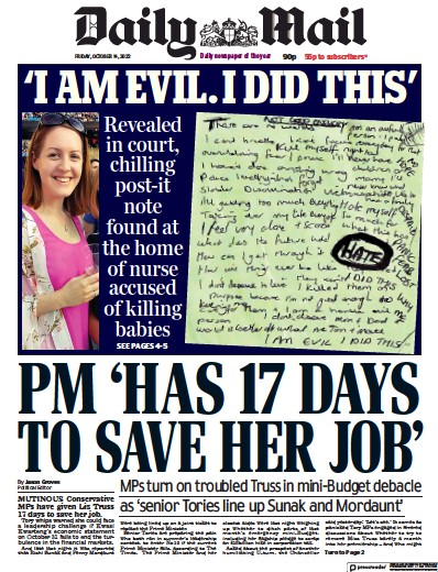 Daily Mail (UK) Newspaper Front Page for 14 October 2022