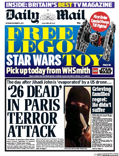 Daily Mail Newspaper Front Page for 14 November 2015