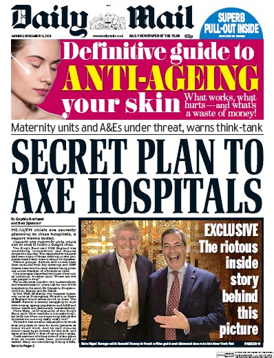 Daily Mail Newspaper Front Page for 14 November 2016