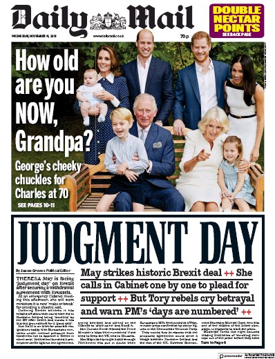 Daily Mail (UK) Newspaper Front Page for 14 November 2018