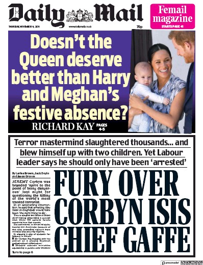 Daily Mail (UK) Newspaper Front Page for 14 November 2019