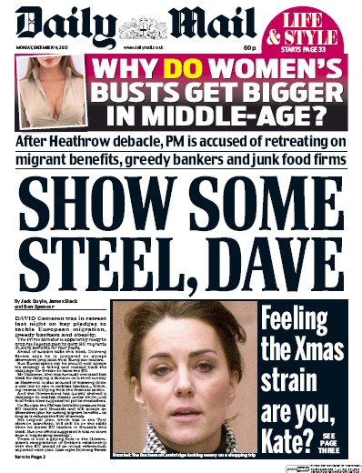 Daily Mail (UK) Newspaper Front Page for 14 December 2015