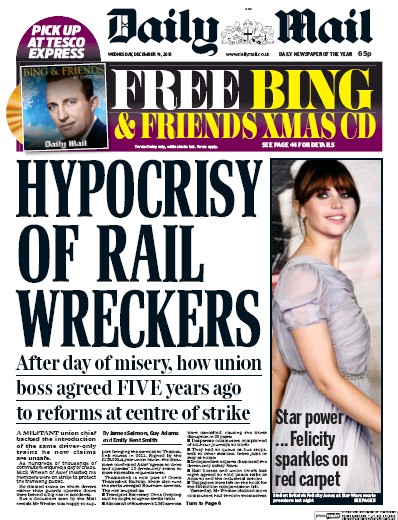 Daily Mail (UK) Newspaper Front Page for 14 December 2016