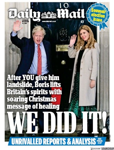 Daily Mail (UK) Newspaper Front Page for 14 December 2019