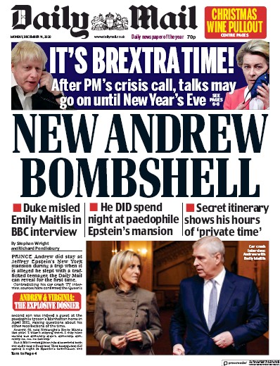 Daily Mail Newspaper Front Page for 14 December 2020