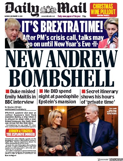 Daily Mail (UK) Newspaper Front Page for 14 December 2020