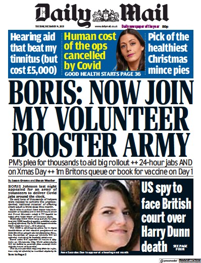 Daily Mail (UK) Newspaper Front Page for 14 December 2021