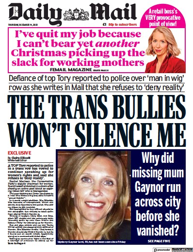 Daily Mail Newspaper Front Page for 14 December 2023