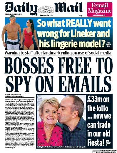 Daily Mail (UK) Newspaper Front Page for 14 January 2016