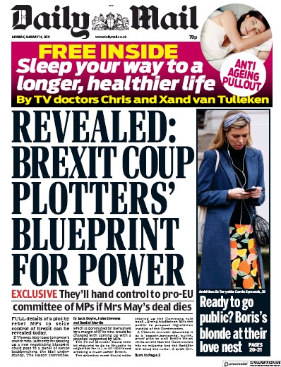 Daily Mail Newspaper Front Page for 14 January 2019