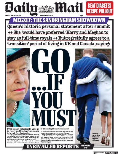 Daily Mail Newspaper Front Page for 14 January 2020