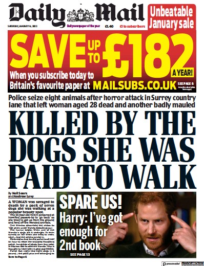 Daily Mail (UK) Newspaper Front Page for 14 January 2023