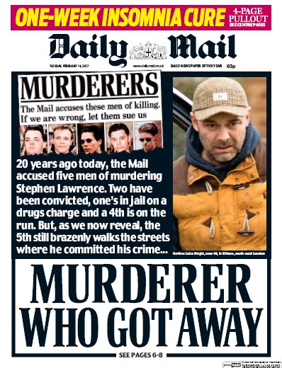 Daily Mail (UK) Newspaper Front Page for 14 February 2017
