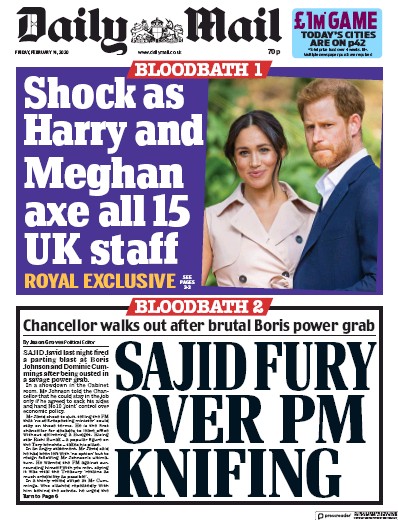 Daily Mail Newspaper Front Page for 14 February 2020