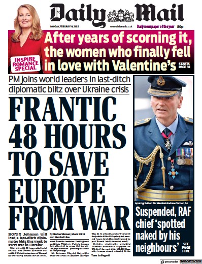 Daily Mail Newspaper Front Page for 14 February 2022