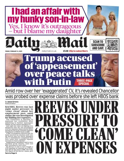 Daily Mail (UK) Newspaper Front Page for 14 February 2025
