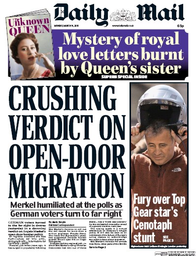 Daily Mail Newspaper Front Page for 14 March 2016