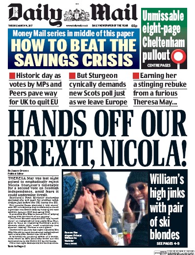Daily Mail Newspaper Front Page for 14 March 2017