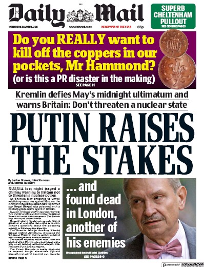 Daily Mail Newspaper Front Page for 14 March 2018