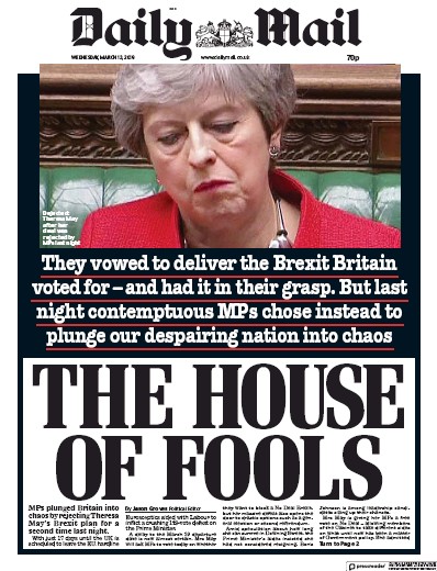 Daily Mail Newspaper Front Page for 14 March 2019