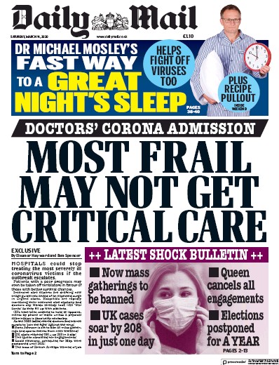 Daily Mail Newspaper Front Page for 14 March 2020