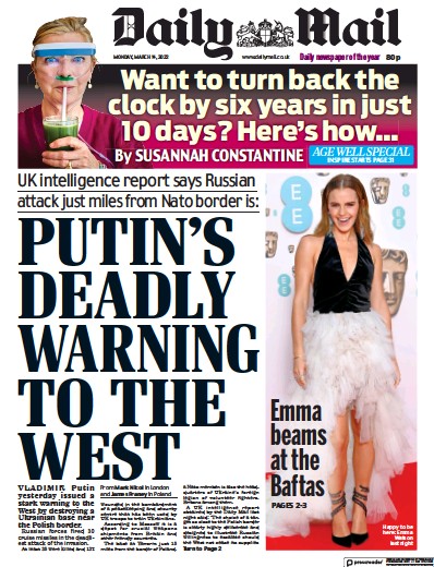 Daily Mail Newspaper Front Page for 14 March 2022