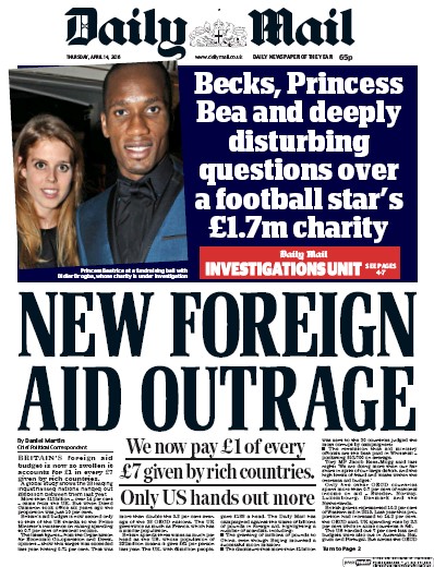 Daily Mail Newspaper Front Page for 14 April 2016