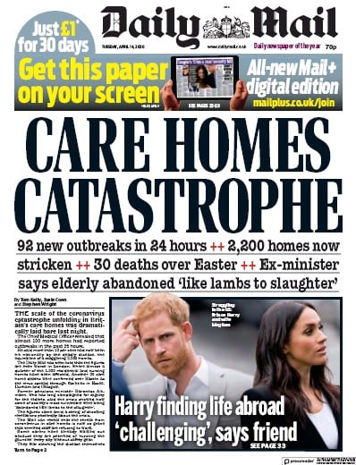 Daily Mail Newspaper Front Page for 14 April 2020