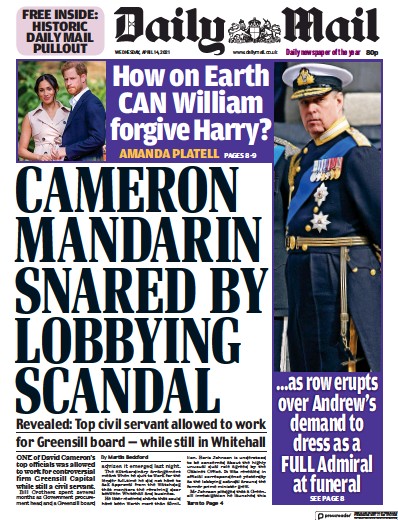 Daily Mail (UK) Newspaper Front Page for 14 April 2021