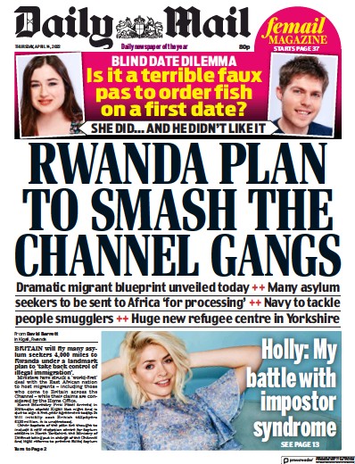 Daily Mail (UK) Newspaper Front Page for 14 April 2022