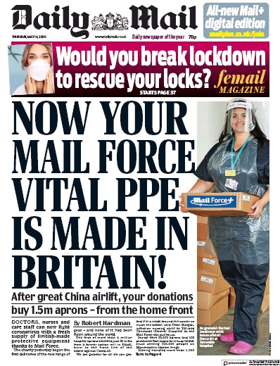 Daily Mail Newspaper Front Page for 14 May 2020
